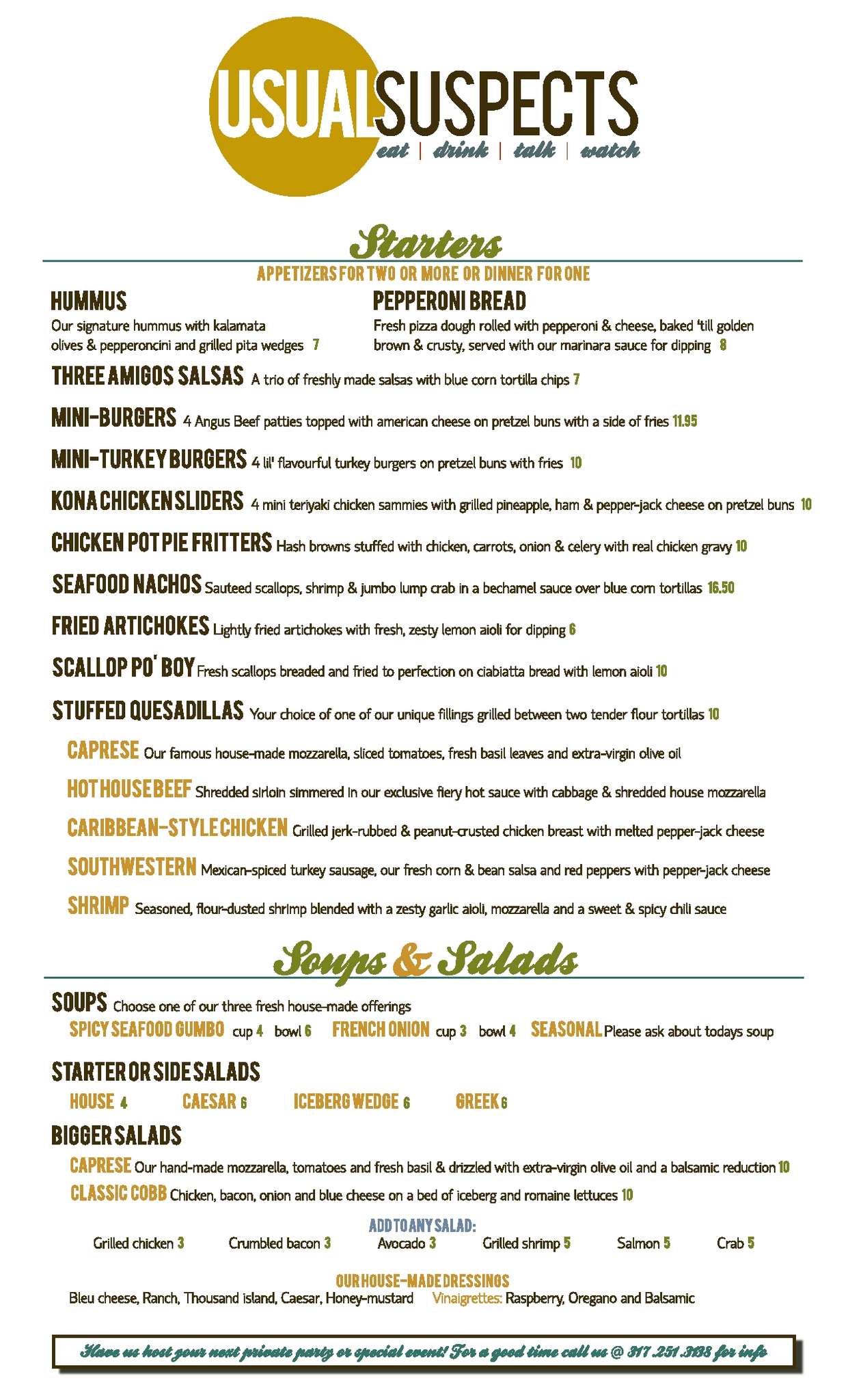 Usual Suspects Menu, Menu for Usual Suspects, Broad Ripple