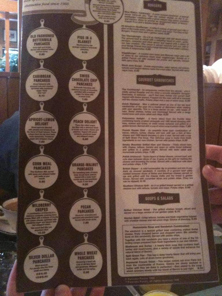 Menu at Pancake Pantry restaurant, Gatlinburg, 628 Parkway