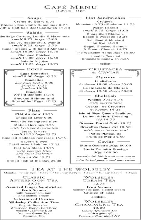 Menu at The Wolseley cafe, London, 160 Piccadilly