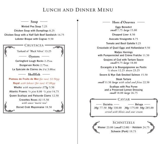 Menu at The Wolseley cafe, London, 160 Piccadilly