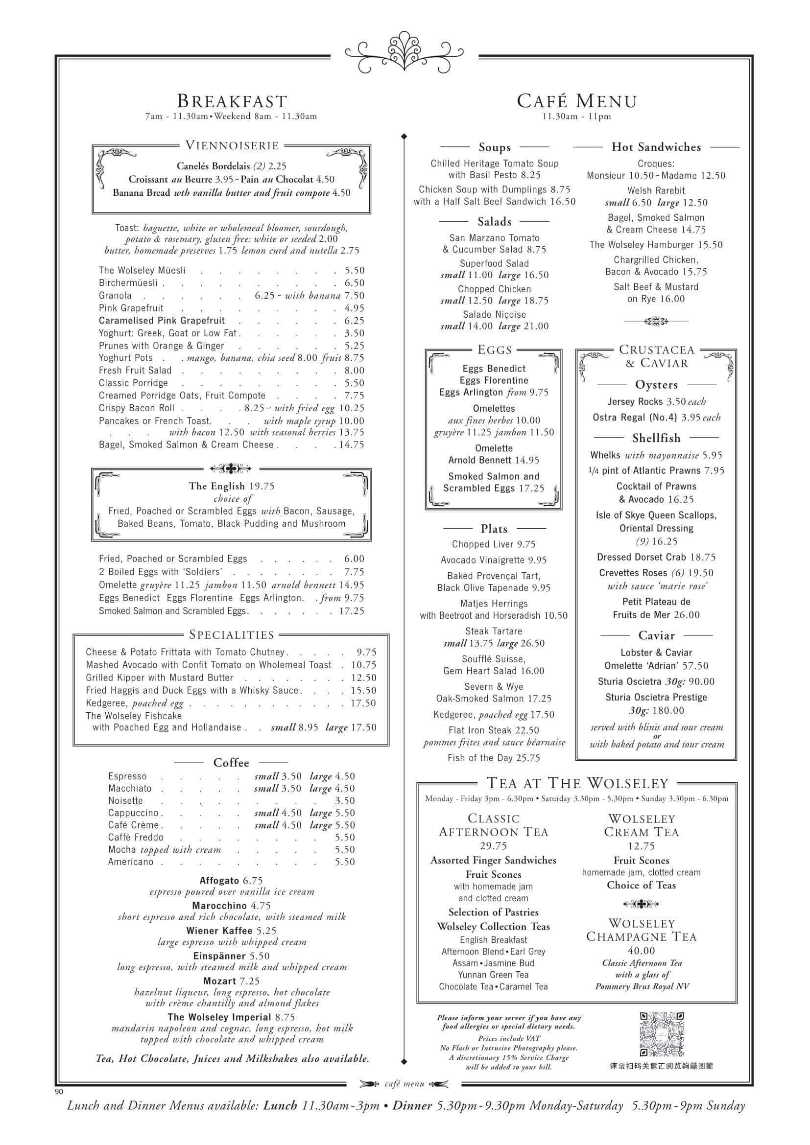 Menu at The Wolseley cafe, London