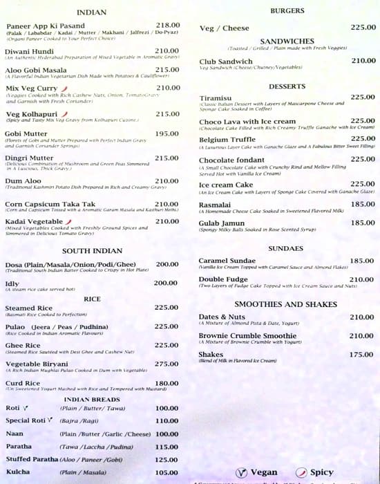 Menu at Entree, Chennai
