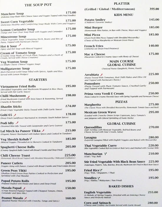 Menu at Entree, Chennai