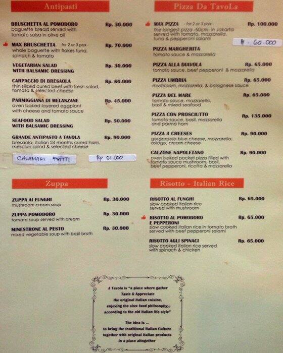 A Tavola Italian Gourmet Menu, Menu for A Tavola Italian Gourmet