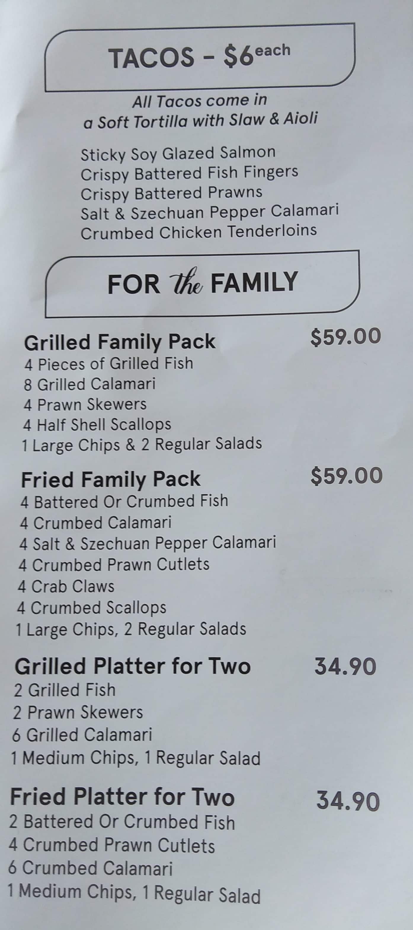 Menu at The Barra, Gymea