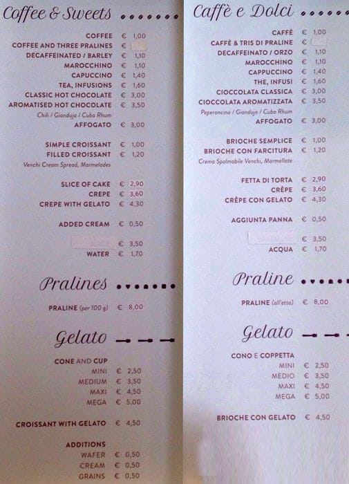 Menu di Venchi Cioccolato e Gelato, Milano Stazione Centrale (Fronte Binario) 