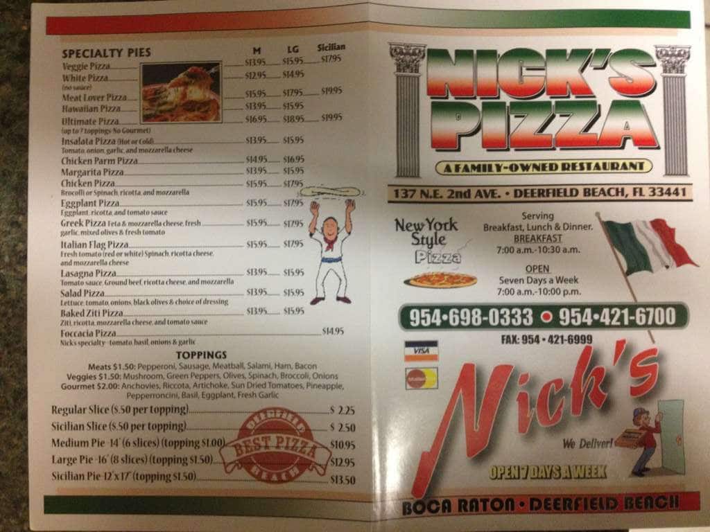 Nick's Pizza Menu, Menu for Nick's Pizza, Deerfield Beach, Miami