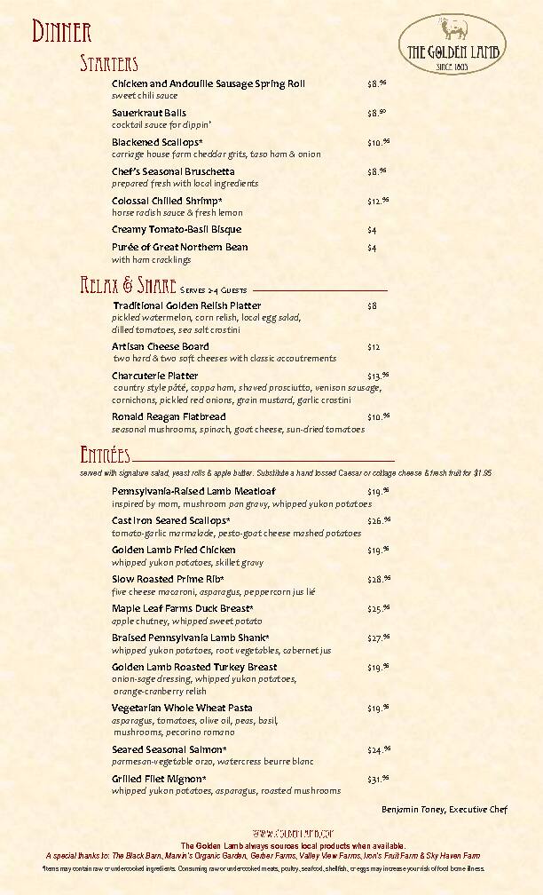 Menu at The Golden Lamb restaurant, Lebanon