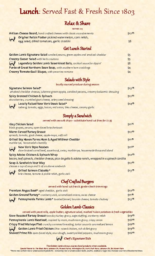 Menu at The Golden Lamb restaurant, Lebanon