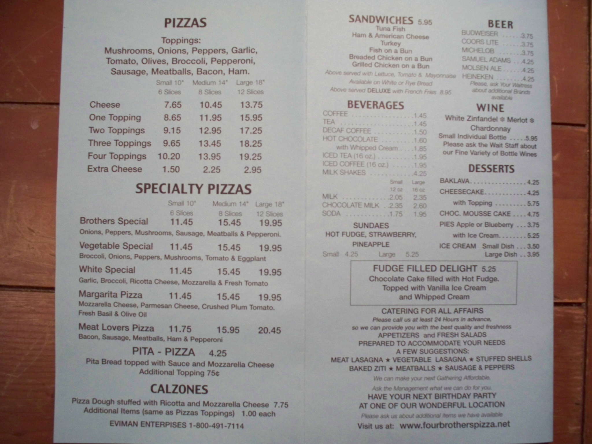 Menu at Four Brothers Pizza Inn pizzeria, Great Barrington