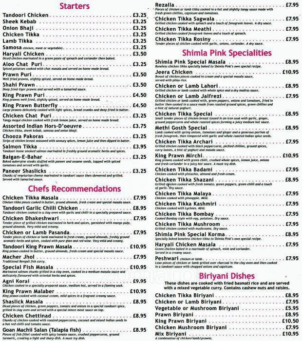 Menu at Shimla Pink restaurant, Orpington