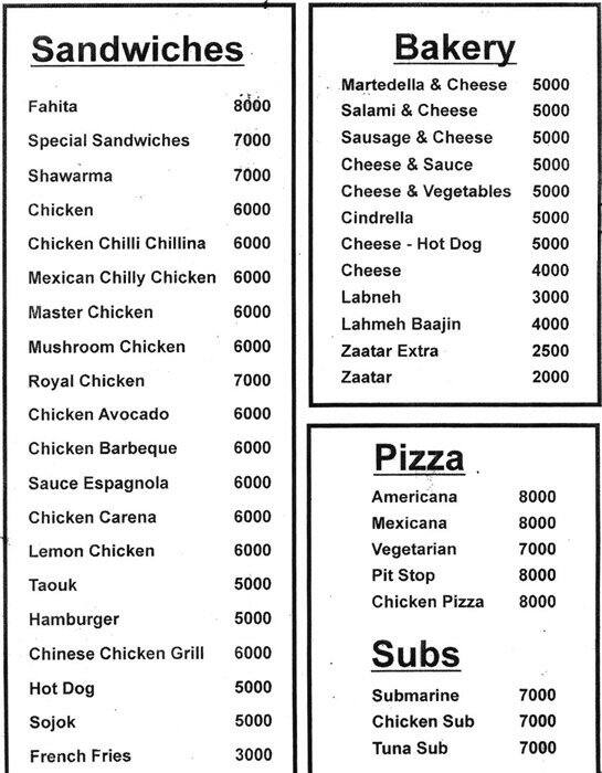 Pitstop Restaurant menu