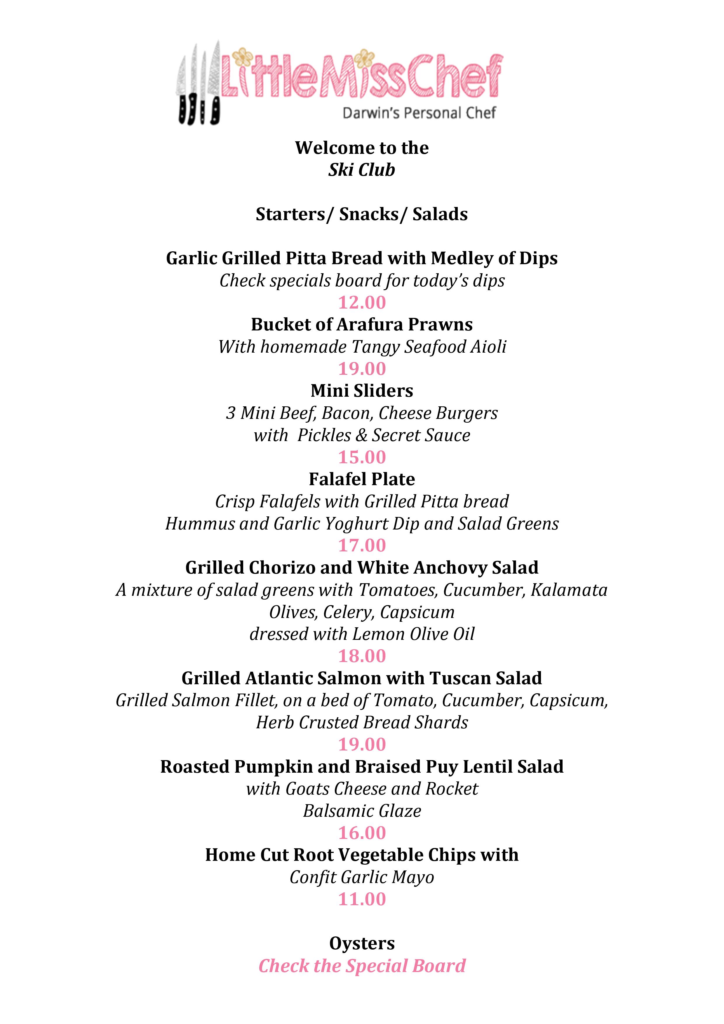 Menu at Darwin Ski Club, Darwin City