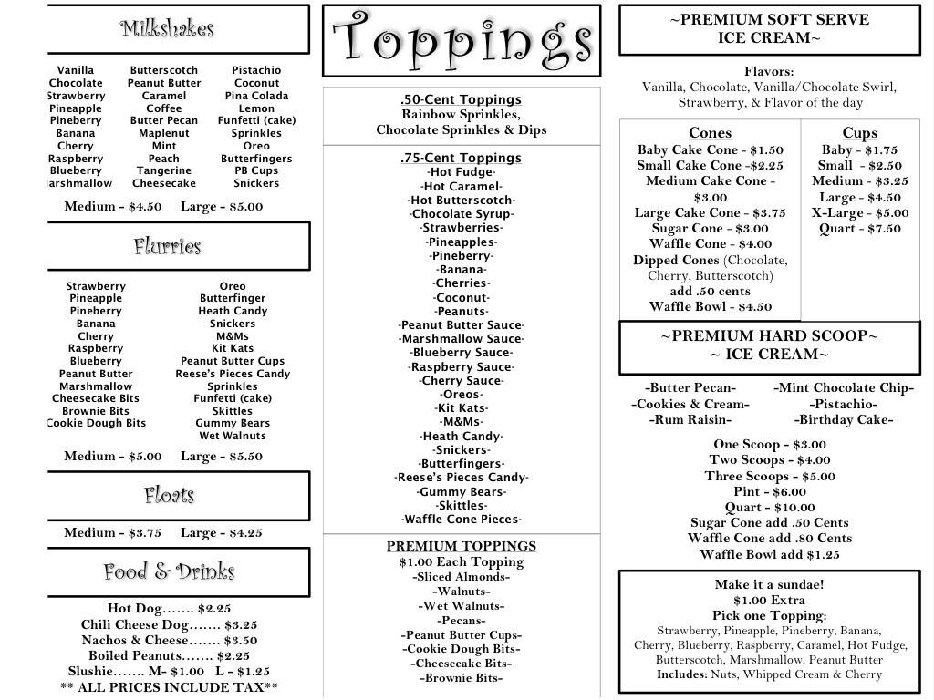 Dairy Belle menu, Menu restauracji Dairy Belle, West Palm Beach, Miami