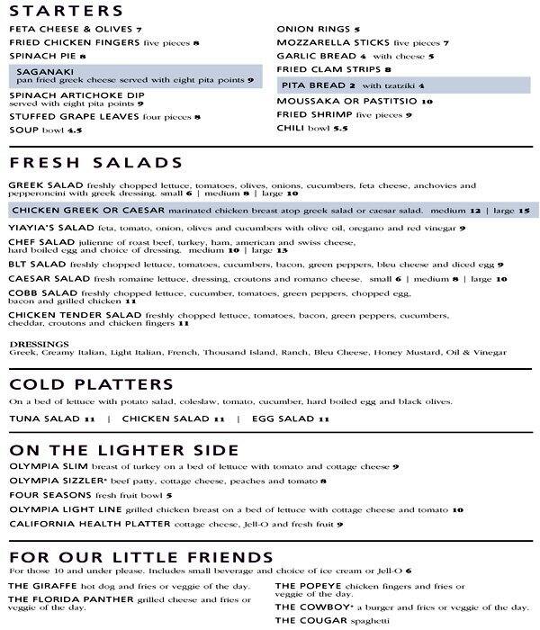 Olympia Flame Diner Menu, Menu untuk Olympia Flame Diner, Deerfield