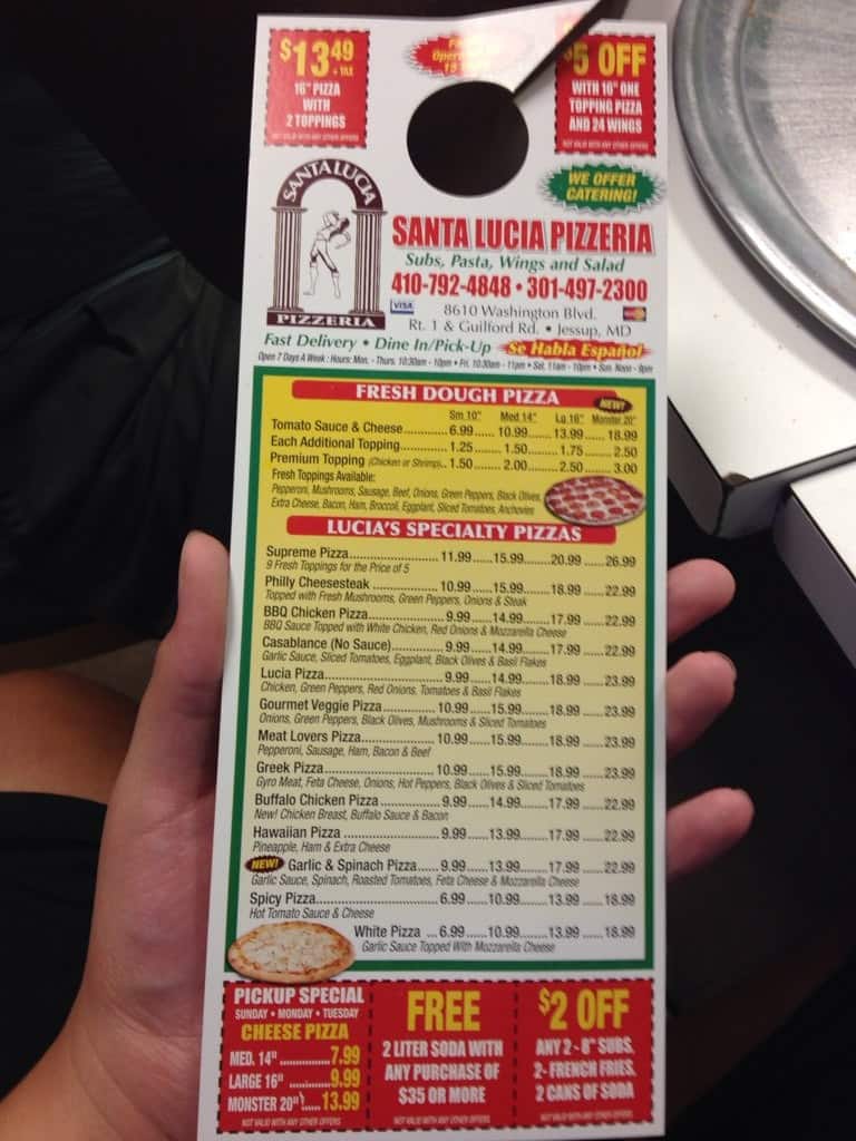Santa Lucia Pizzeria Menu, Menu for Santa Lucia Pizzeria, Jessup, Anne