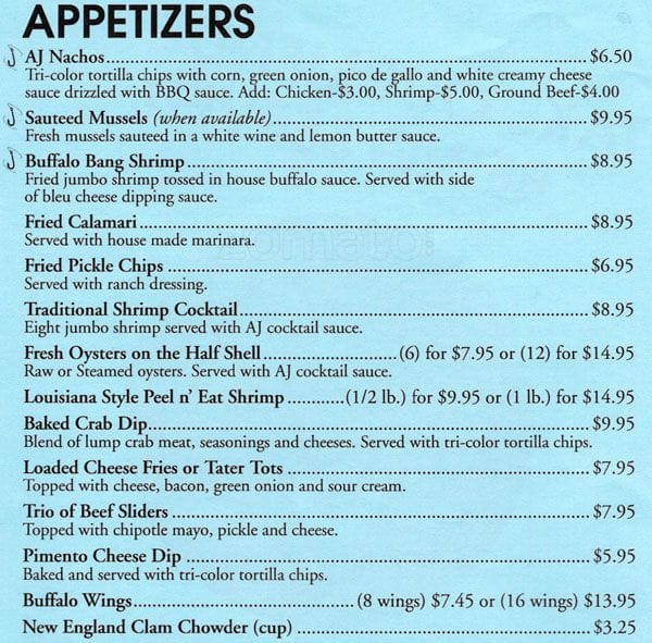 Menu at AmberJack steakhouse, Gastonia