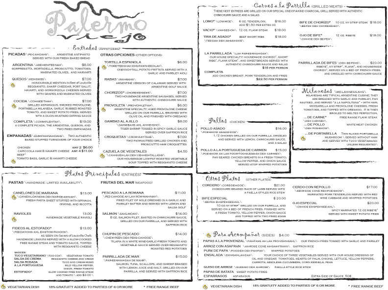 Palermo Viejo Menu, Menu for Palermo Viejo, The Highlands/Bardstown Rd