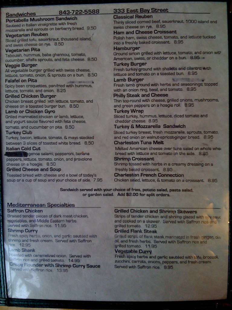 Menu at Saffron Restaurant & Bakery, Charleston