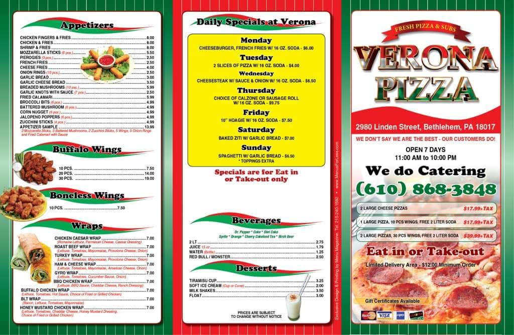 Verona Pizza Bethlehem Menu, Menu for Verona Pizza Bethlehem, Bethlehem