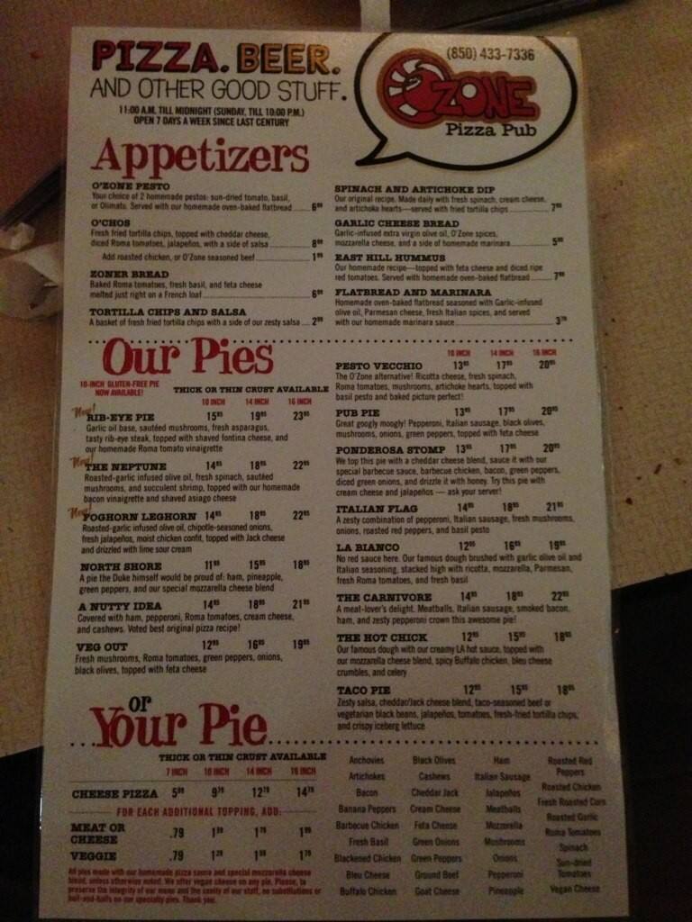 O'Zone Pizza Pub Menu, Menu untuk O'Zone Pizza Pub, Pensacola