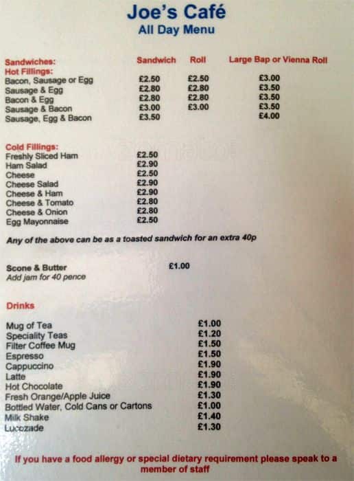 Menu at Joe's Cafe, Chertsey