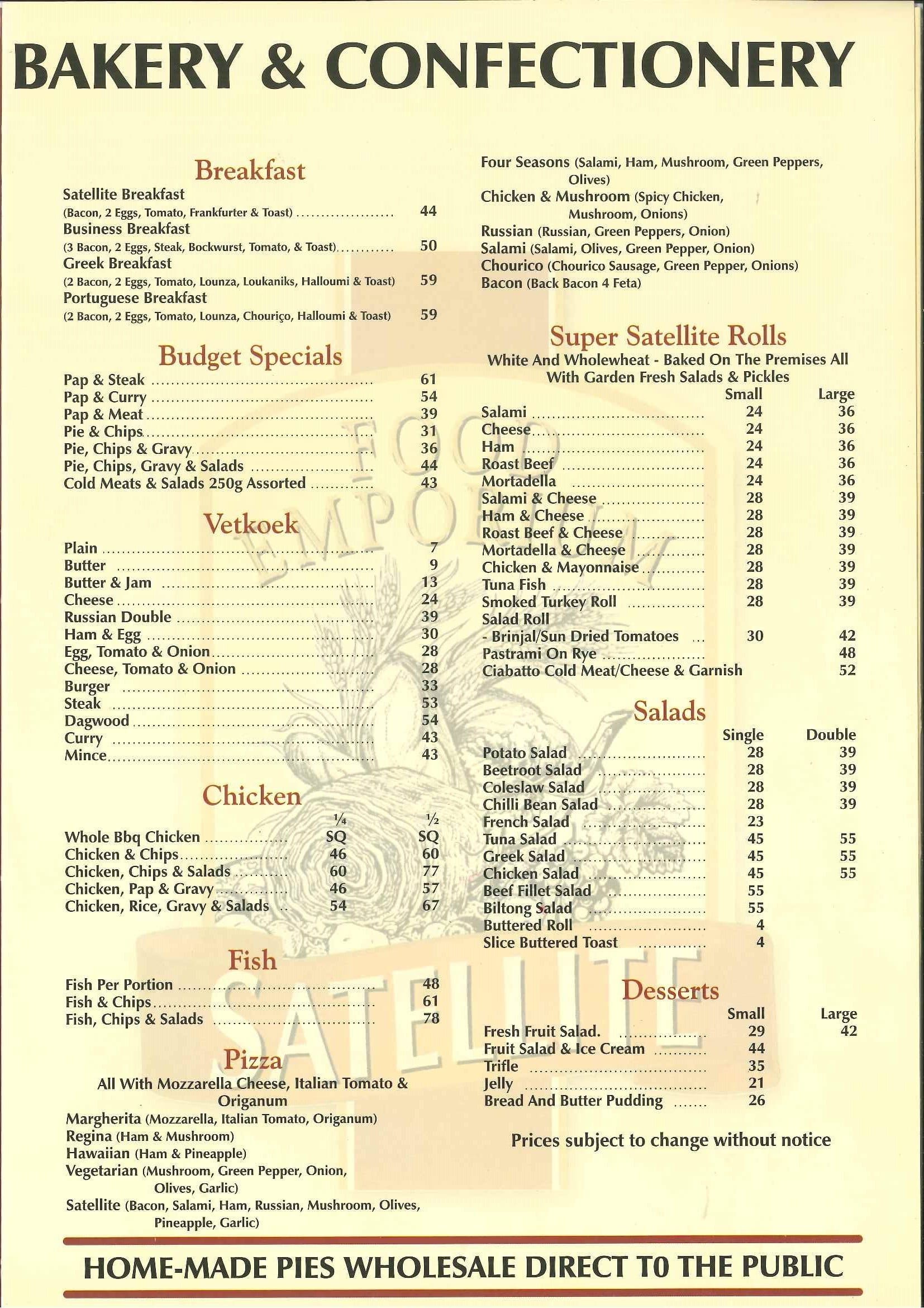 Menu at Satellite Bakery, Boksburg