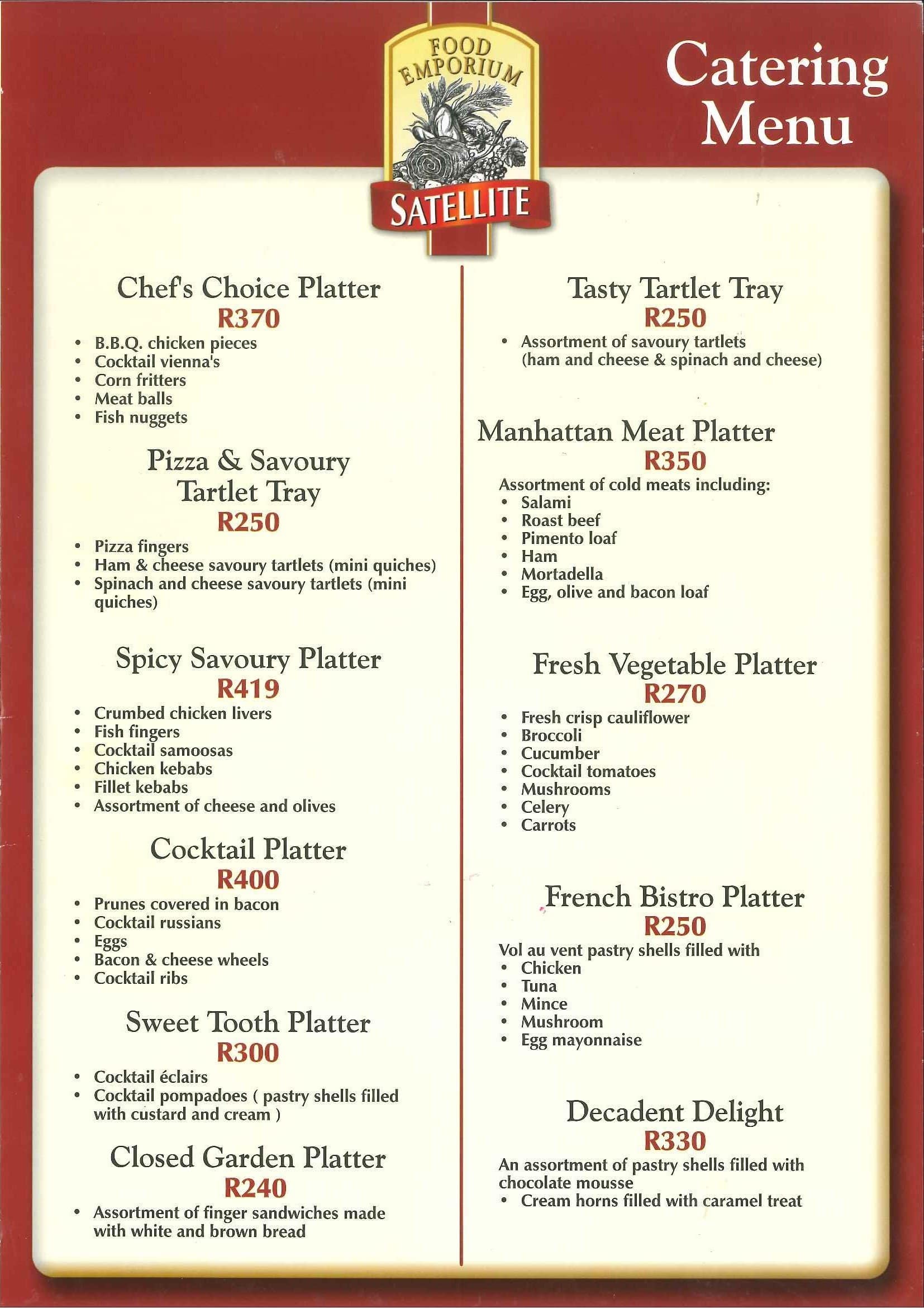 Menu at Satellite Bakery, Boksburg