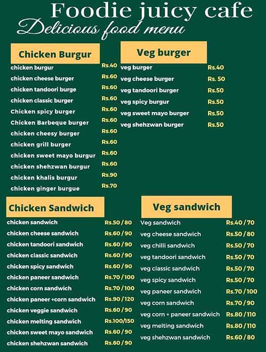 Menu of Foodie Juicy Cafe, Kurla, Mumbai