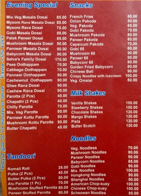 Menu at Selva's Sea View Restaurant, Puducherry, WRPP+4F8