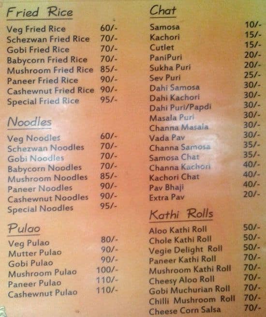 Snack Shack menu
