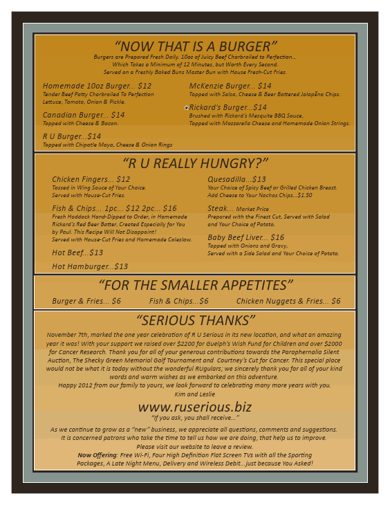 Menu at R U Serious fast food, Guelph