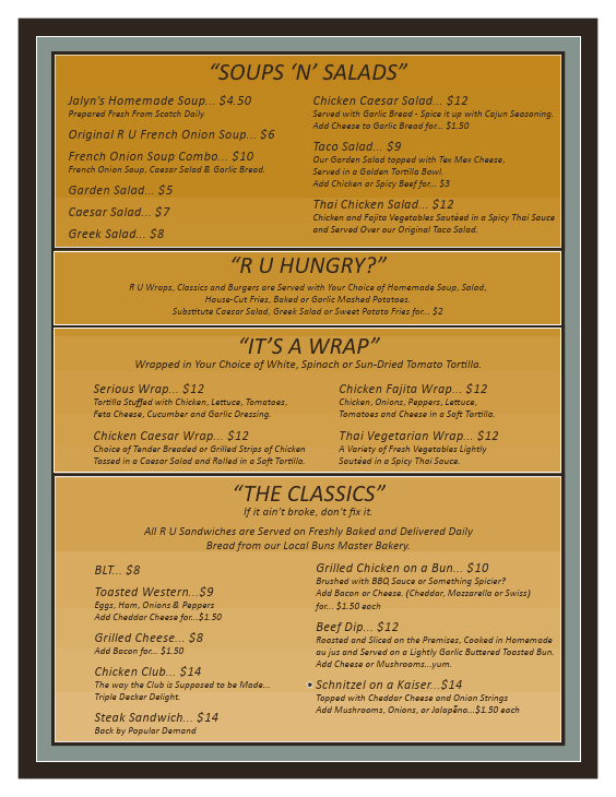 Menu at R U Serious fast food, Guelph