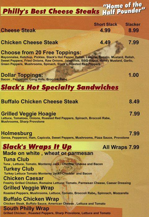 Menu at Slack's Hoagie Shack pizzeria, Fairless Hills, 110 Lincoln Hwy