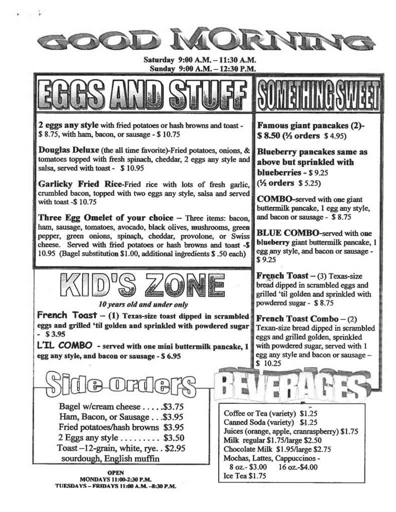 Douglas Cafe Menu, Menu for Douglas Cafe, Juneau, Juneau Urbanspoon