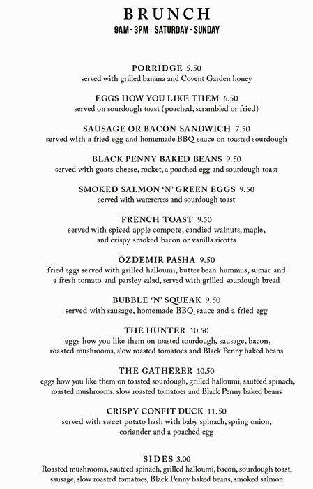 Menu at The Black Penny Covent Garden cafe, London, 34 Great Queen St