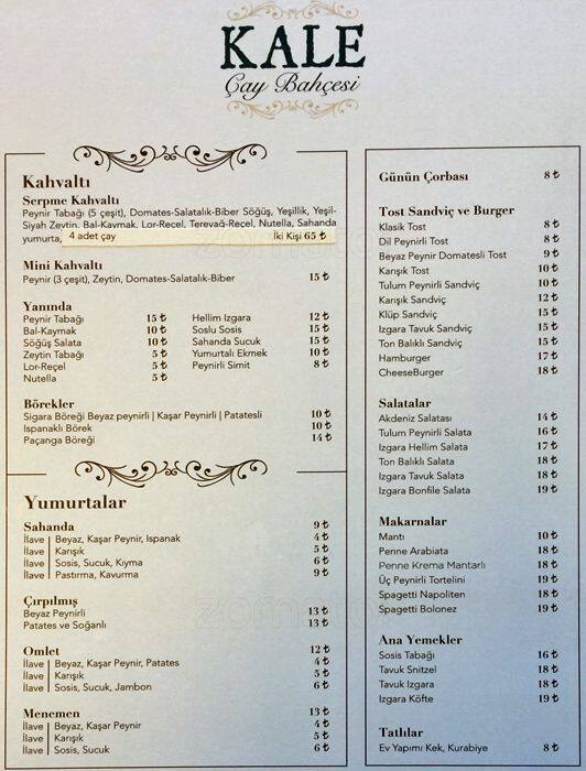 Kale Çay Bahçesi Menu Zomato Turkey