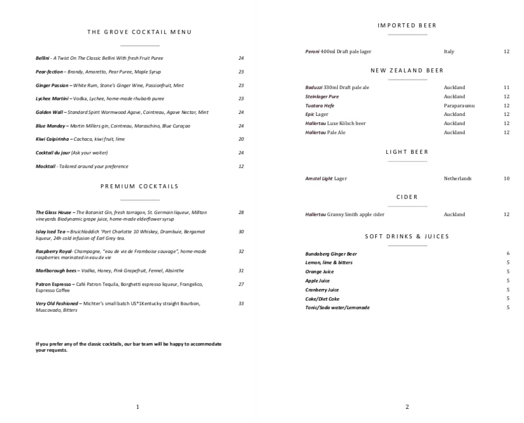 Menu at The Grove restaurant, Auckland