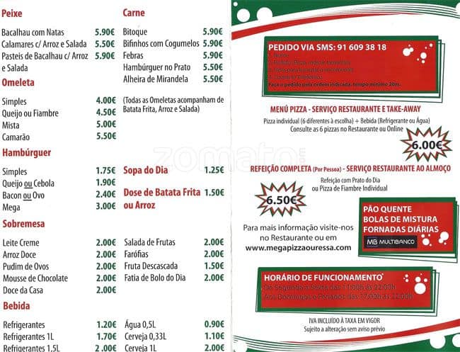 Menu em Pizza Ouressa restaurante, São João das Lampas