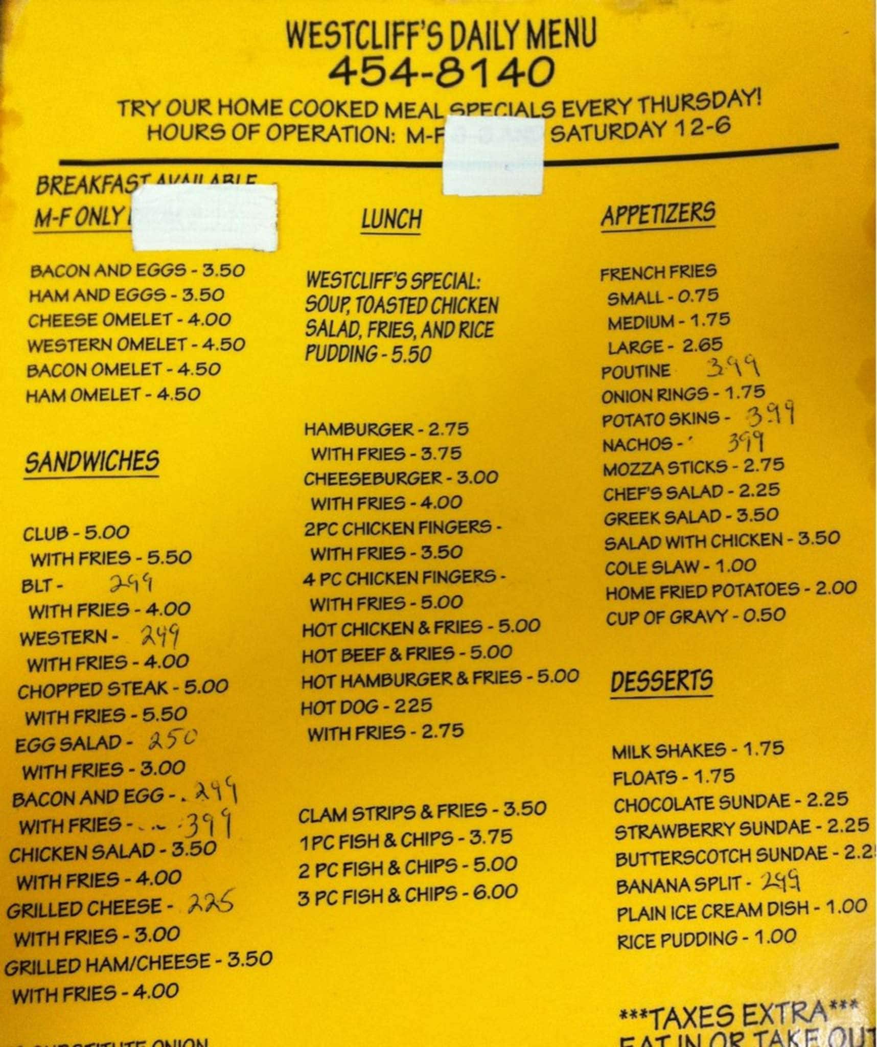 Westcliffe Diner Menu, Menu for Westcliffe Diner, Halifax, Halifax