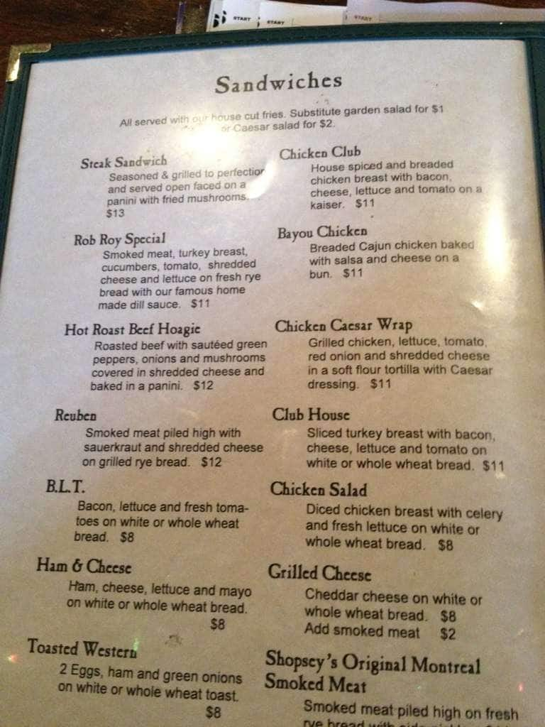 Menu at Rob Roy's Pub & Restaurant, Smiths Falls