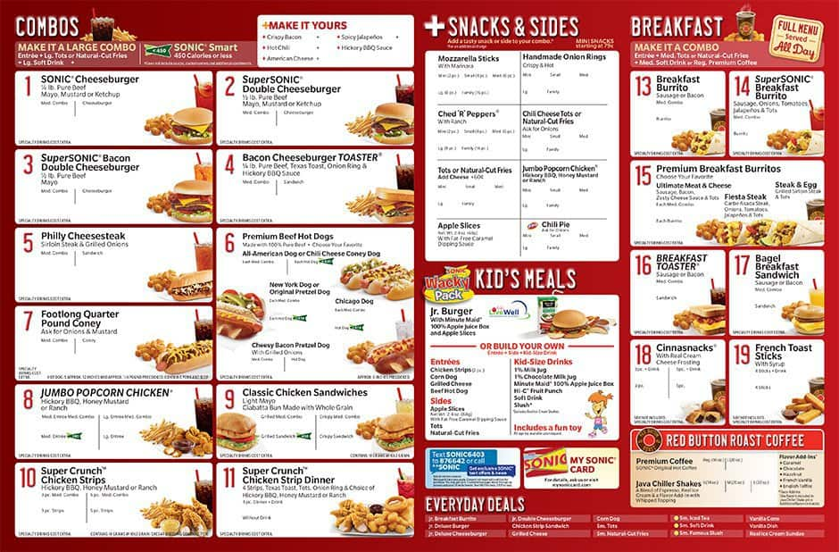 Sonic Drivein Menu, Menu for Sonic Drivein, Edgewater, Anne Arundel