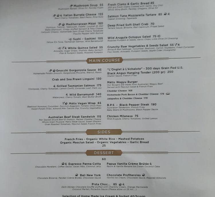 Metti Menu Menu at Métis restaurant, Mengwi