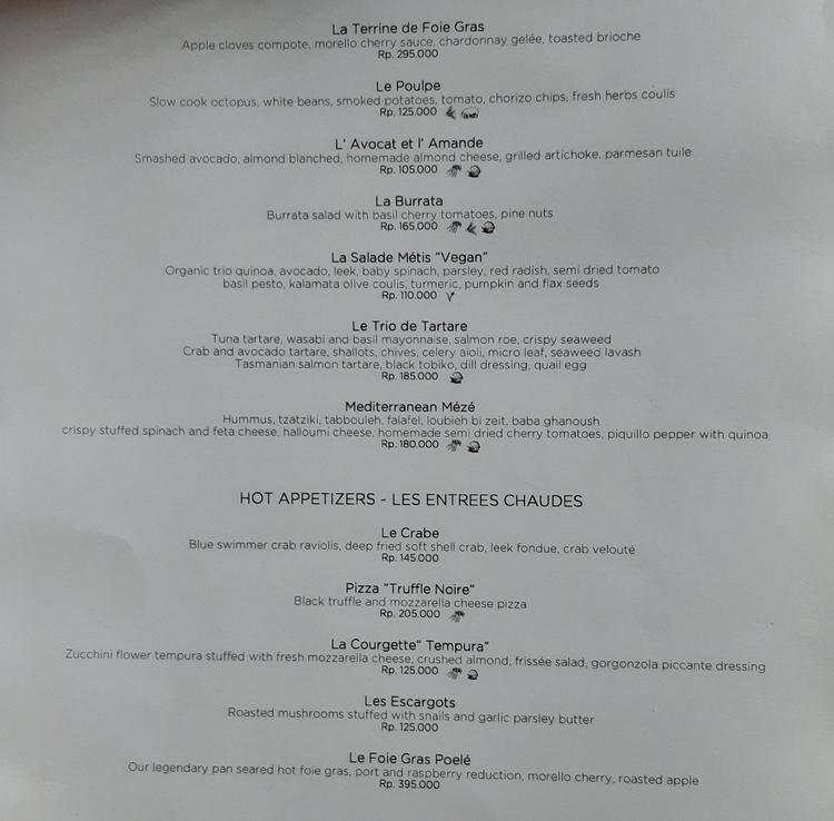 Metti Menu Menu at Métis restaurant, Mengwi