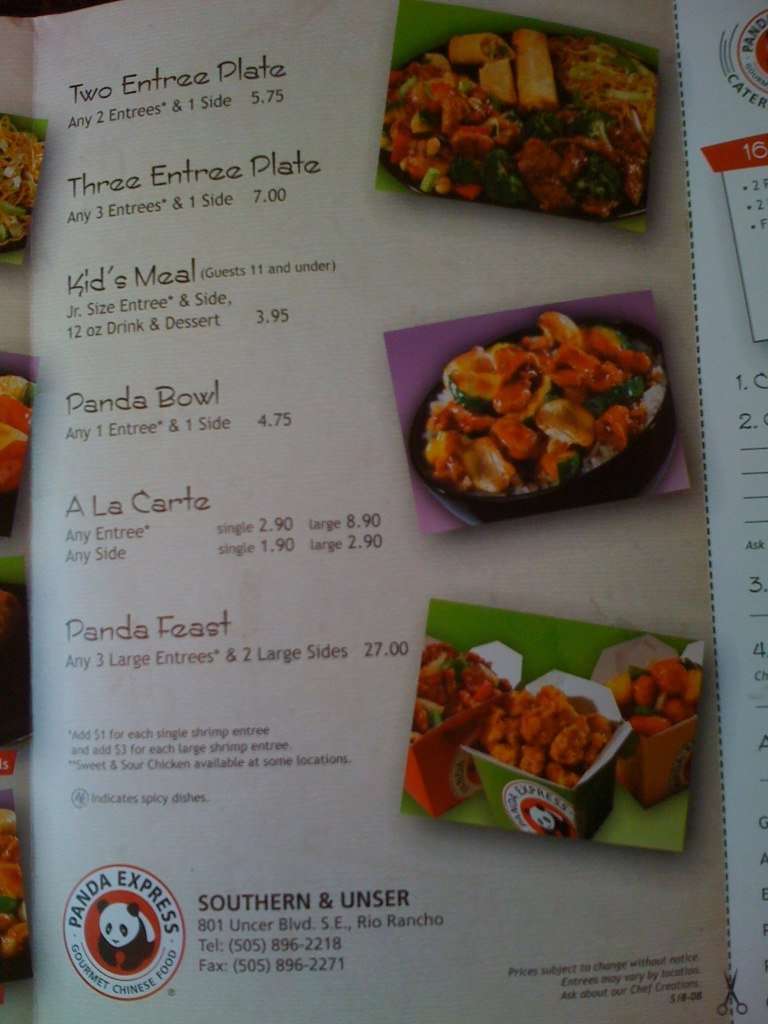 Panda Express Menu Menu For Panda Express Rio Rancho Albuquerque