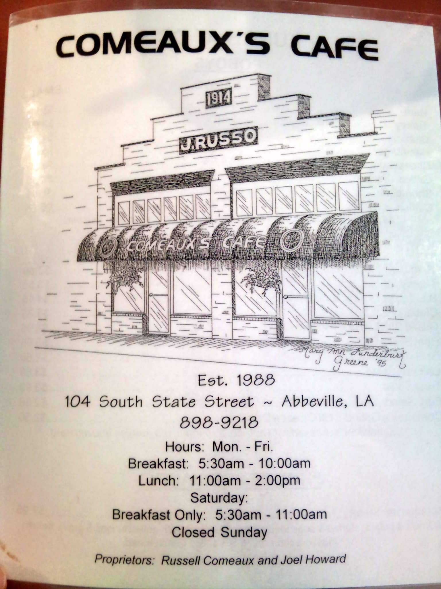 Comeaux's Cafe Menu, Menu for Comeaux's Cafe, Abbeville, Lafayette