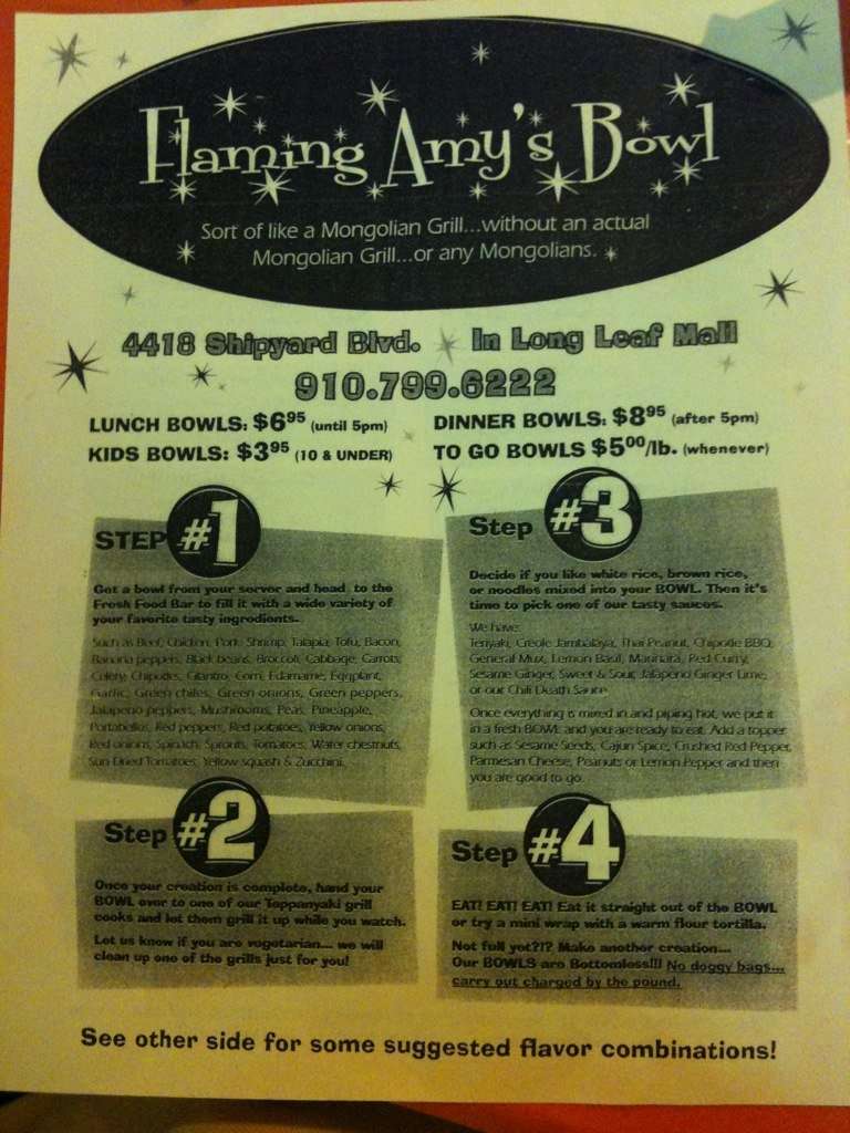Flaming Amy's Bowl Menu, Menu for Flaming Amy's Bowl, Wilmington