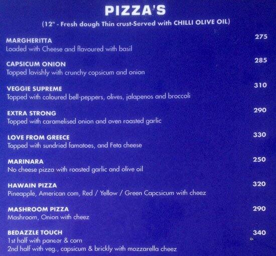 The Bedazzle menu