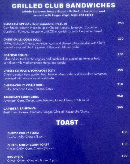 The Bedazzle menu