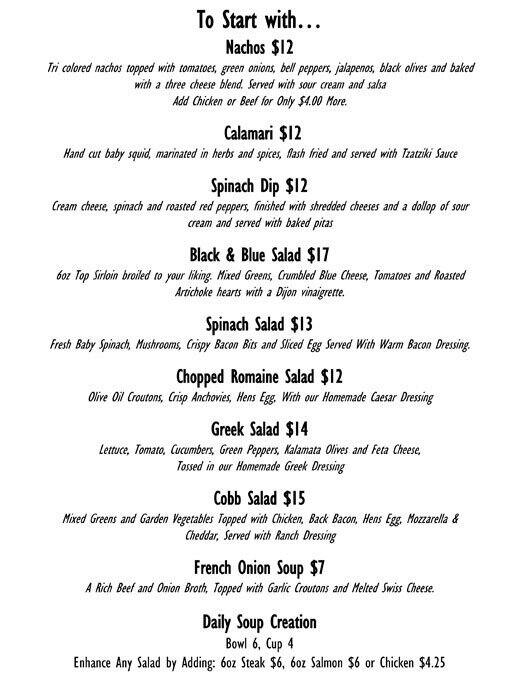 Menu at Benny's restaurant, Brandon